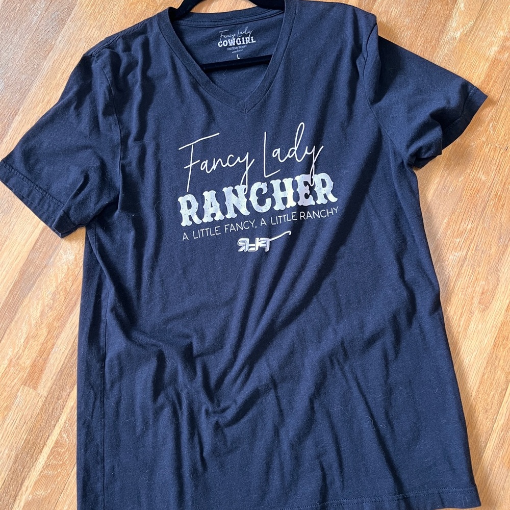 Fancy Lady Rancher - L Courtenay DeHoff Fancy Lady Cowgirl black V-neck T-shirt